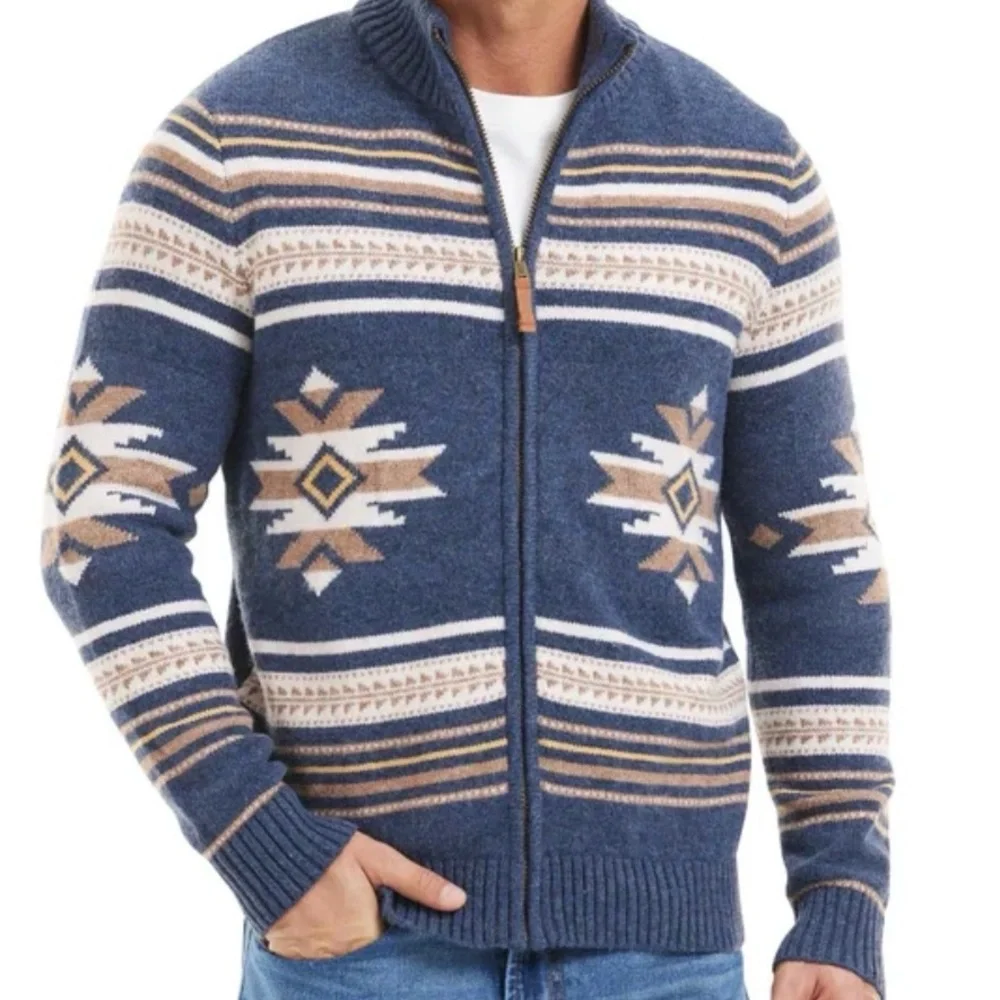 NEW! Frye Navy and Tan Patterned Zip-Up Cardigan Sweater - Picture 4 of 6